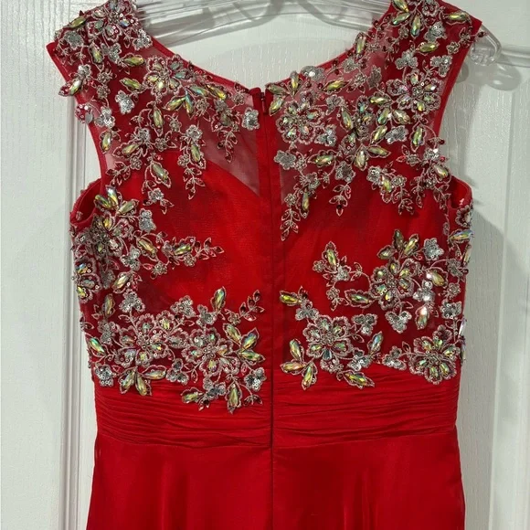 Red Embellished Ruched Long Prom Gown - Picture 3 of 5